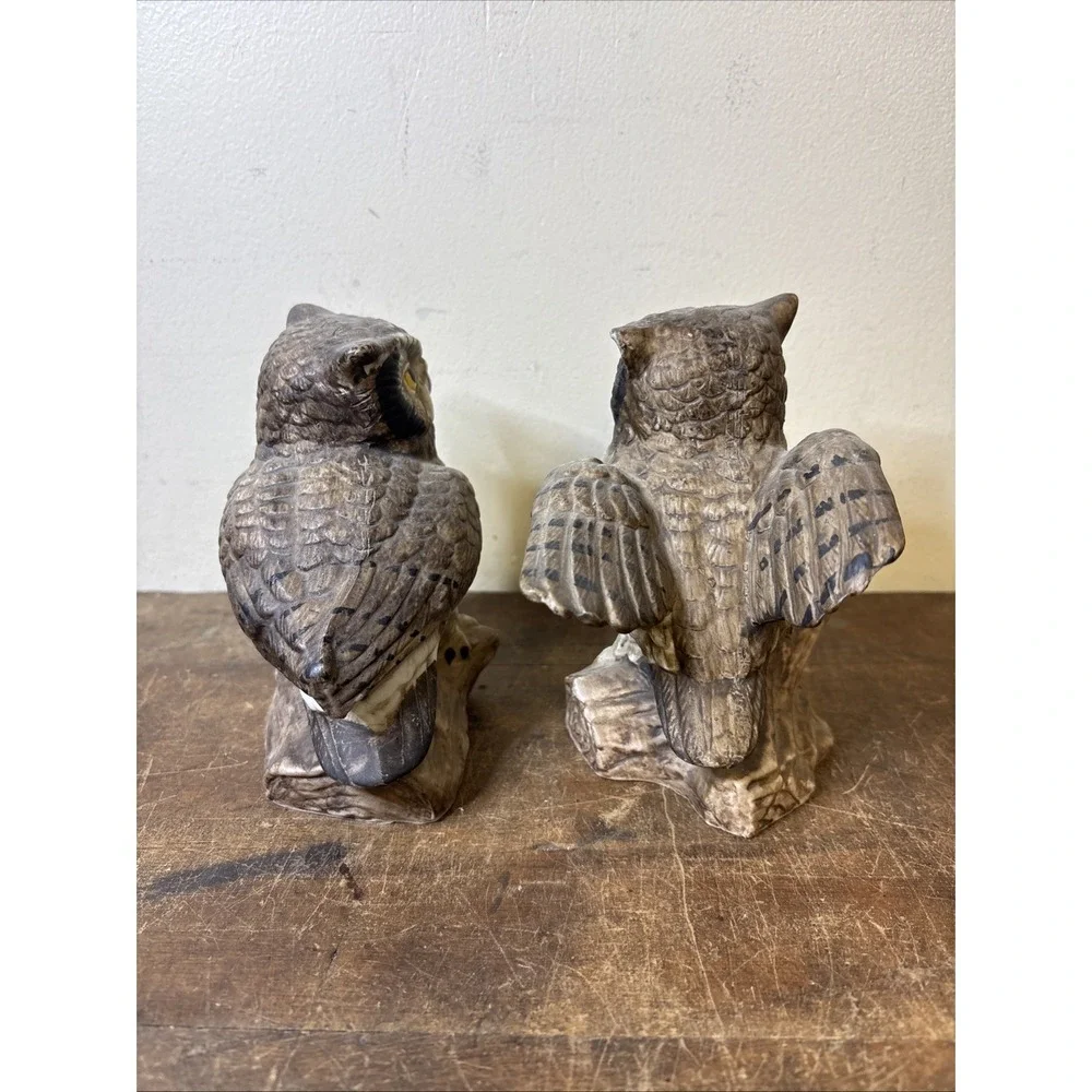 Pair of Vintage Owl Figurines Brown Ceramic Woodland Decor – Pre-Owned